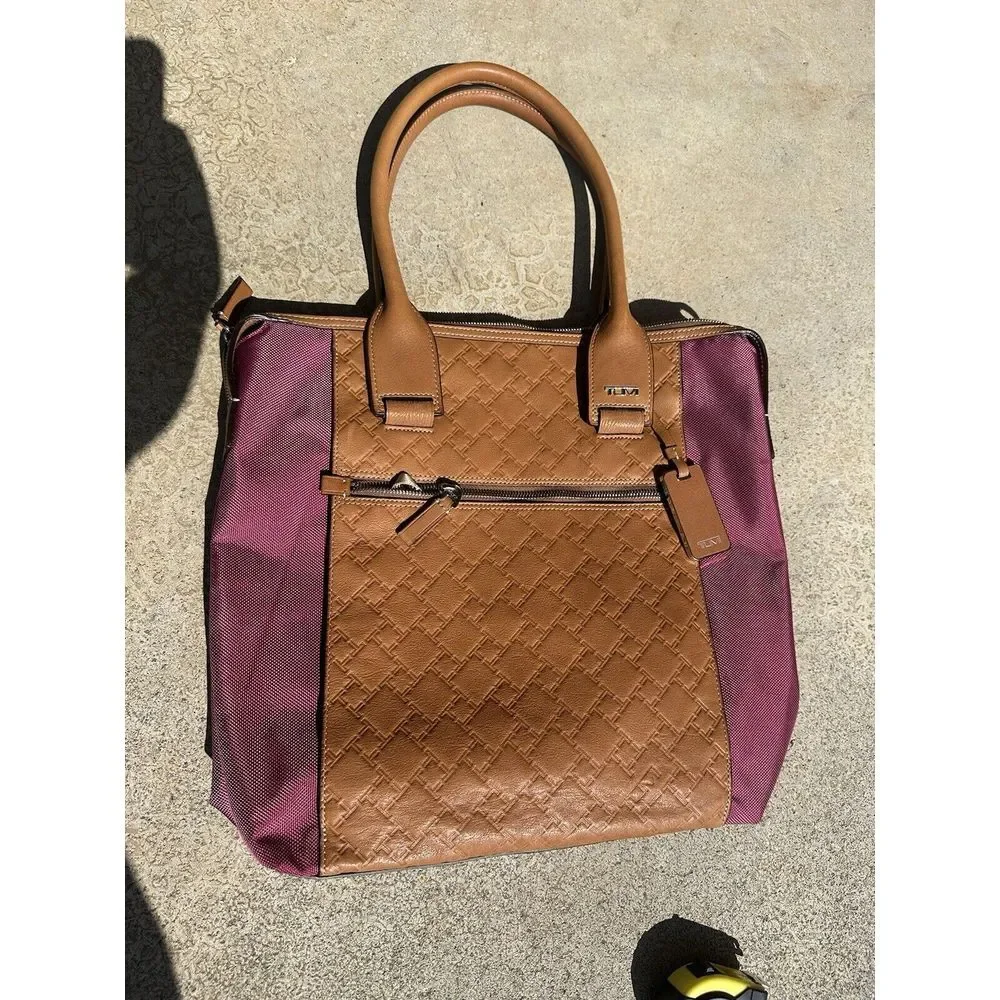 Tumi Tote Bag Tan Embossed Leather Purple Nylon Monogram Travel‎ Work Bag